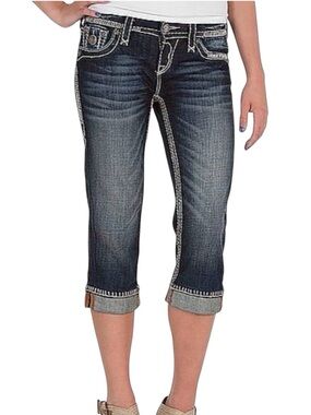 Rock Revival Kella Capri Jeans Contrast Stitch Y2K Western Glam Cuffed Crop 27